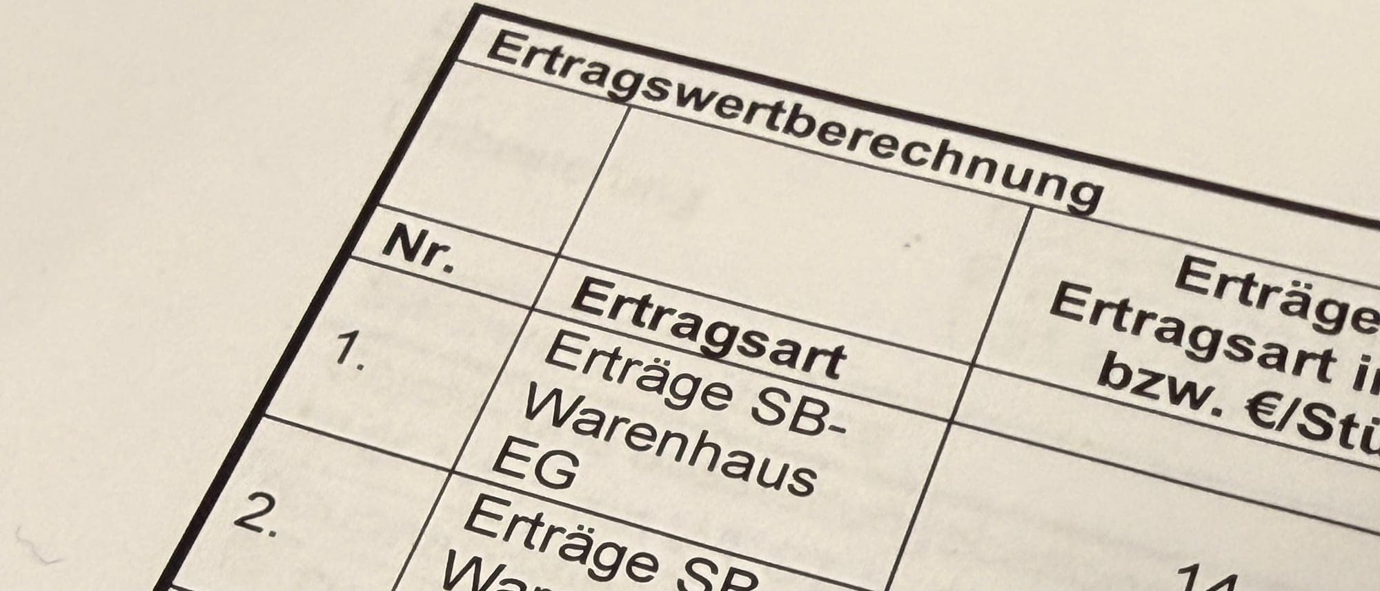 Ertragswertberechnung im Gutachten: Ertragsarten je Nutzungseinheit mit Ansätzen in Euro pro Quadratmeter