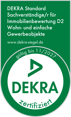 Siegel: DEKRA Standard Sachverständiger für Immobilienbewertung D2 — Wohn- und einfache Gewerbeobjekte · gültig bis 11/2027 · Personenzertifizierung Niko Caspers